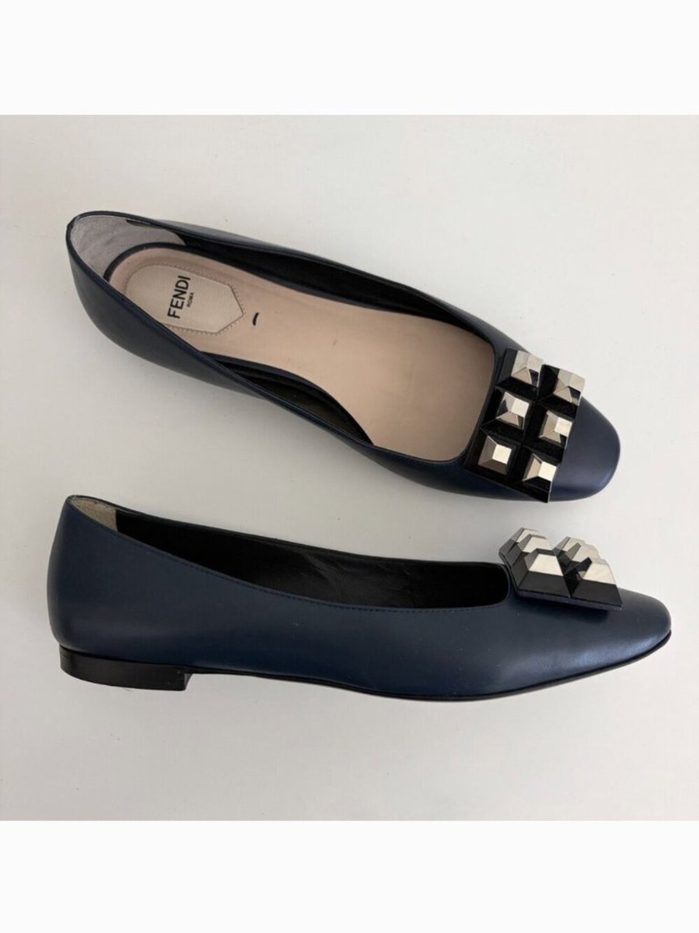 Fendi Flats Pyramid Stud Ballerina Womens 39 / 9 US Navy Blue Silver-Tone Stud